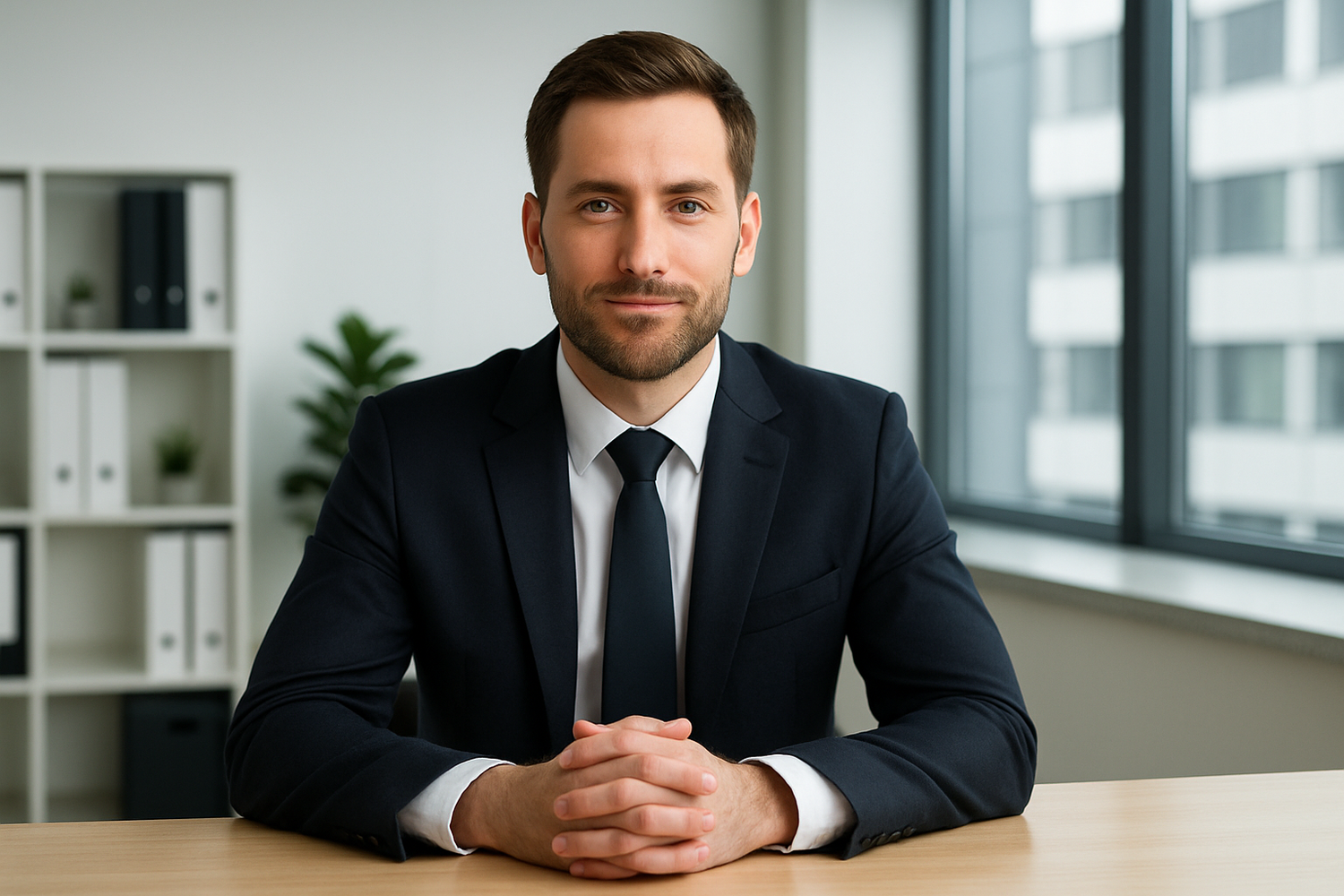 business man in suit, facing forward with his hands folded on desk